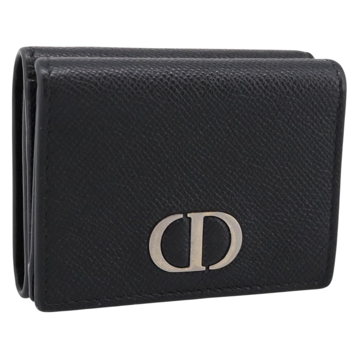 Christian Dior Compact Wallet Leather Black Gold Auth 198767A