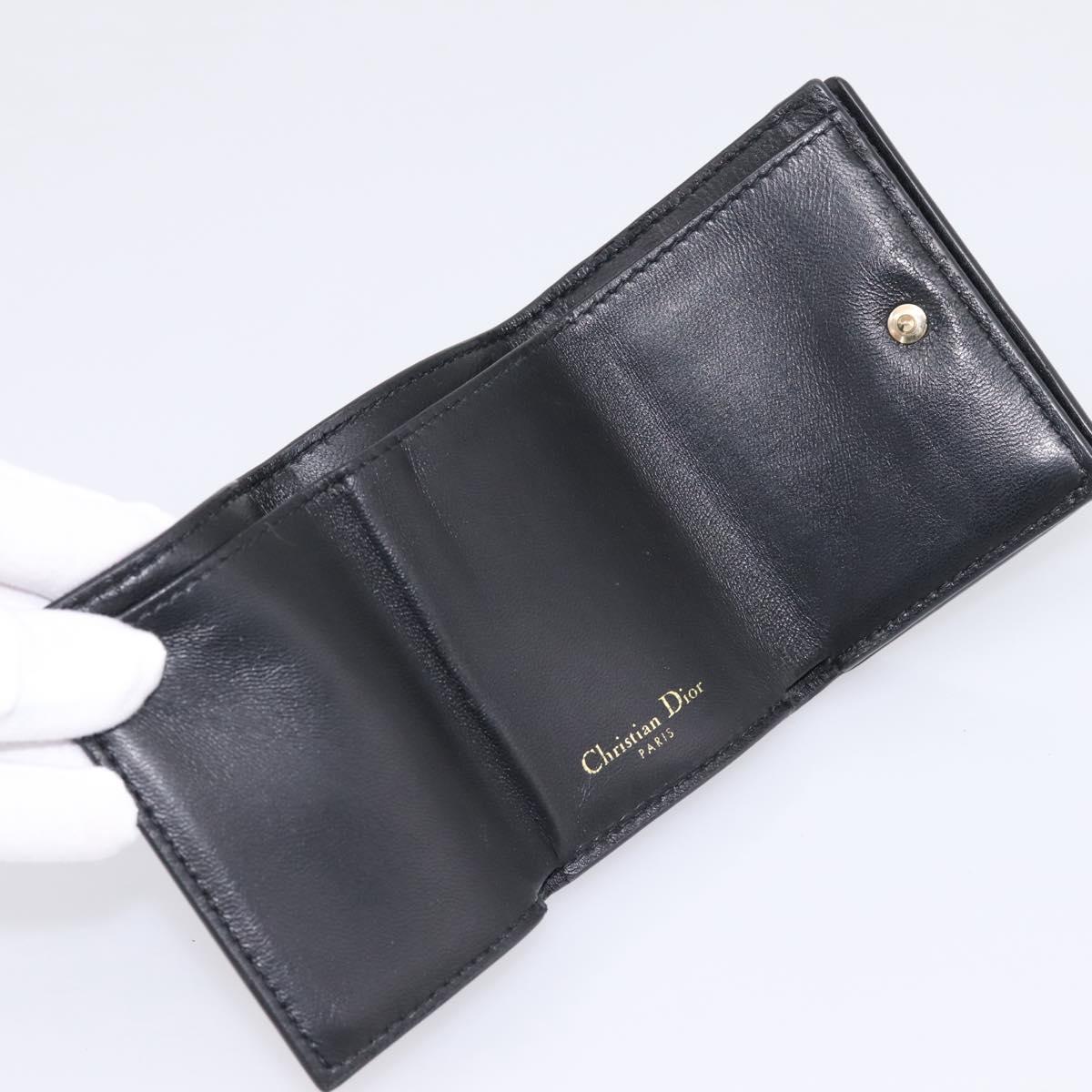 Christian Dior Compact Wallet Leather Black Gold Auth 198767A