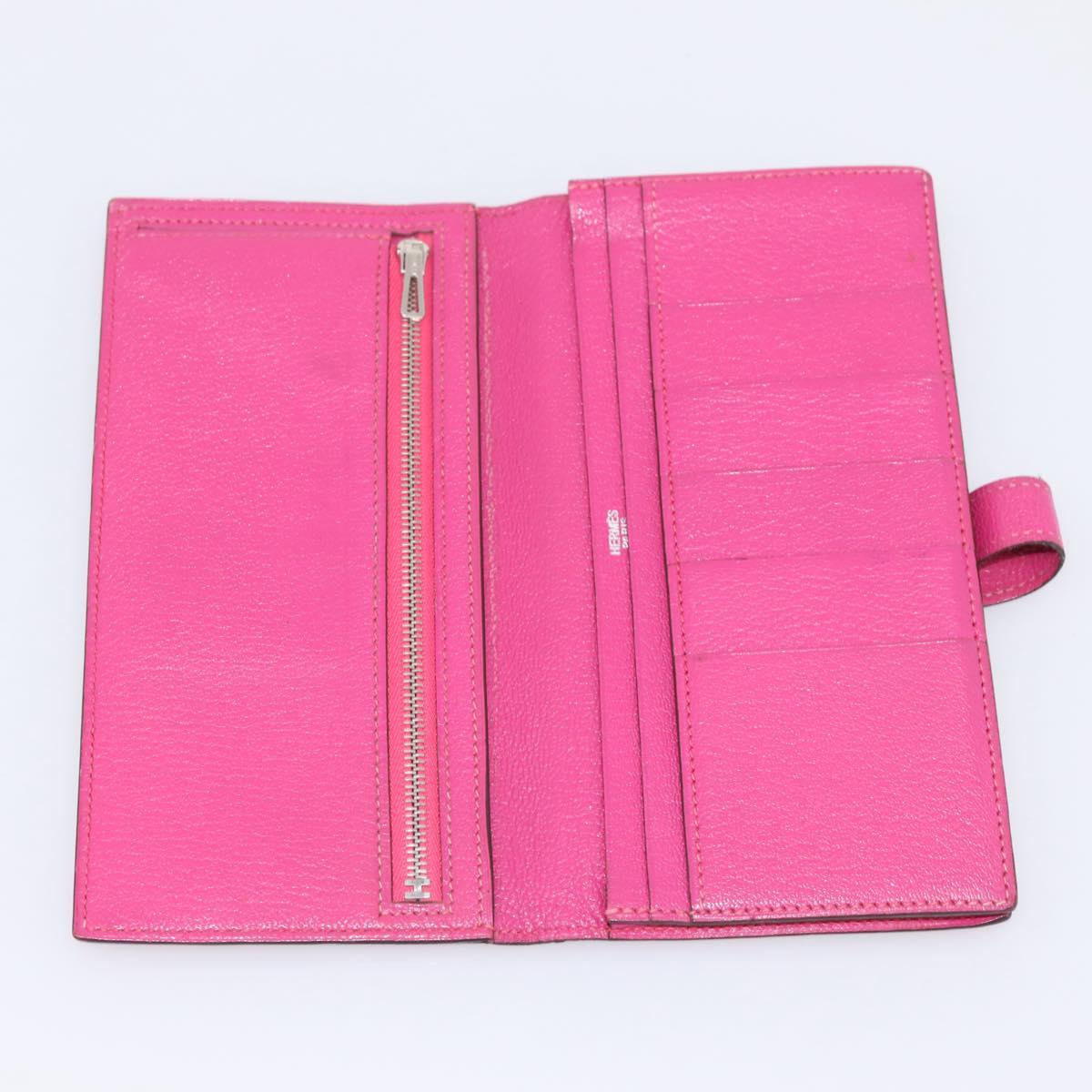 HERMES Beansufla Wallet Leather Pink Silver Auth 198769A