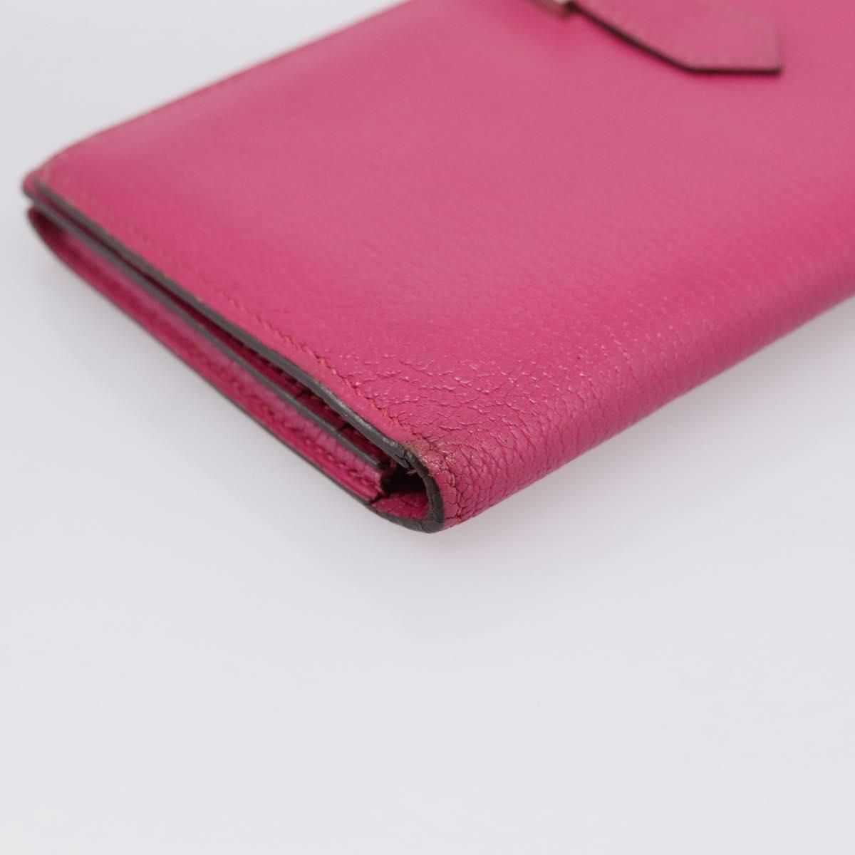 HERMES Beansufla Wallet Leather Pink Silver Auth 198769A