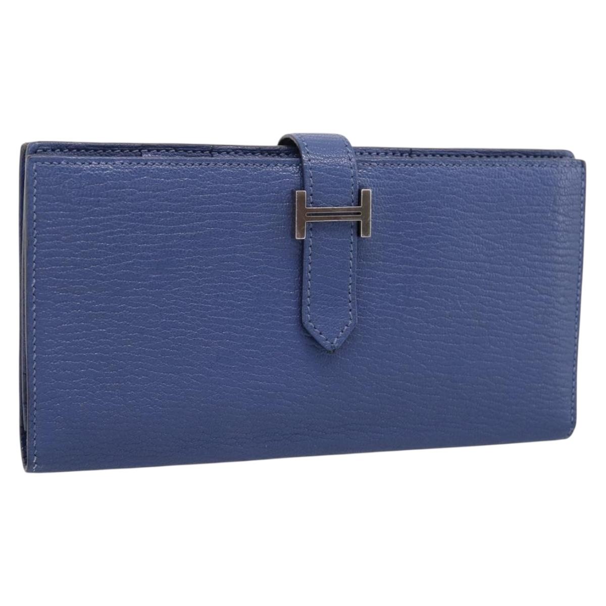 HERMES Bearn Soufflet Wallet Leather Blue Silver Auth 198789V