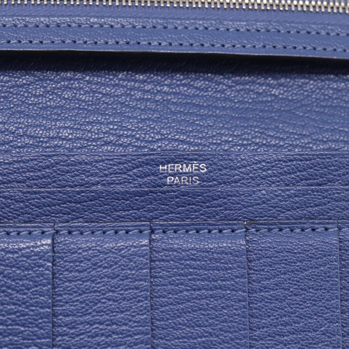 HERMES Bearn Soufflet Wallet Leather Blue Silver Auth 198789V