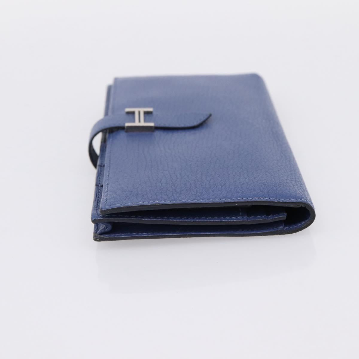 HERMES Bearn Soufflet Wallet Leather Blue Silver Auth 198789V