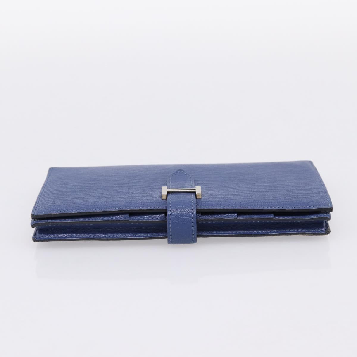 HERMES Bearn Soufflet Wallet Leather Blue Silver Auth 198789V