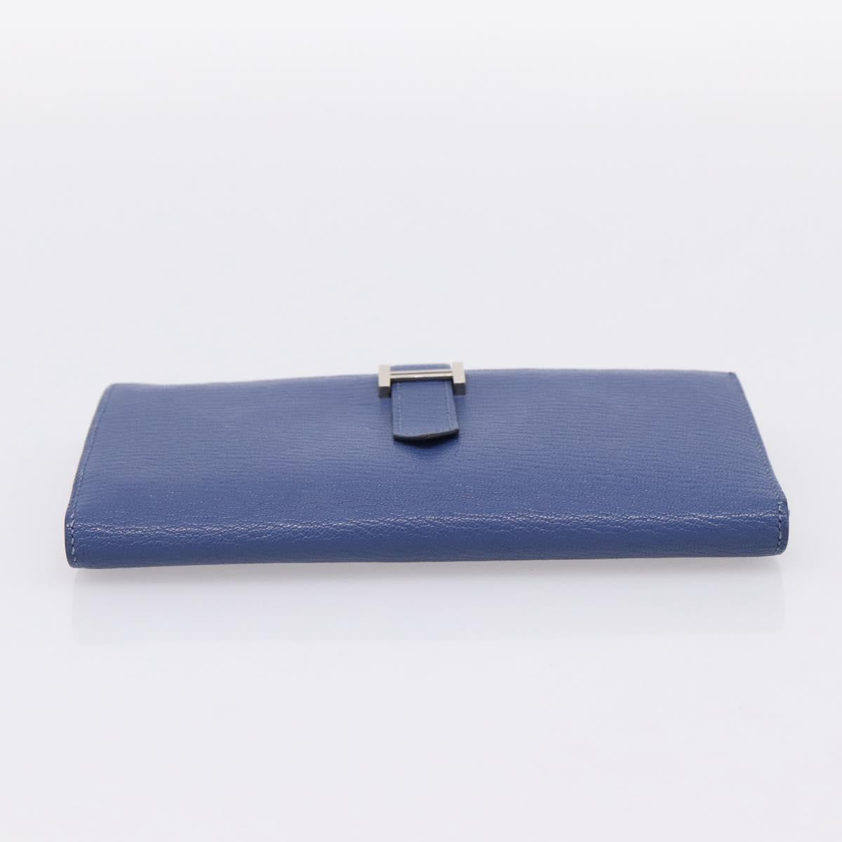 HERMES Bearn Soufflet Wallet Leather Blue Silver Auth 198789V