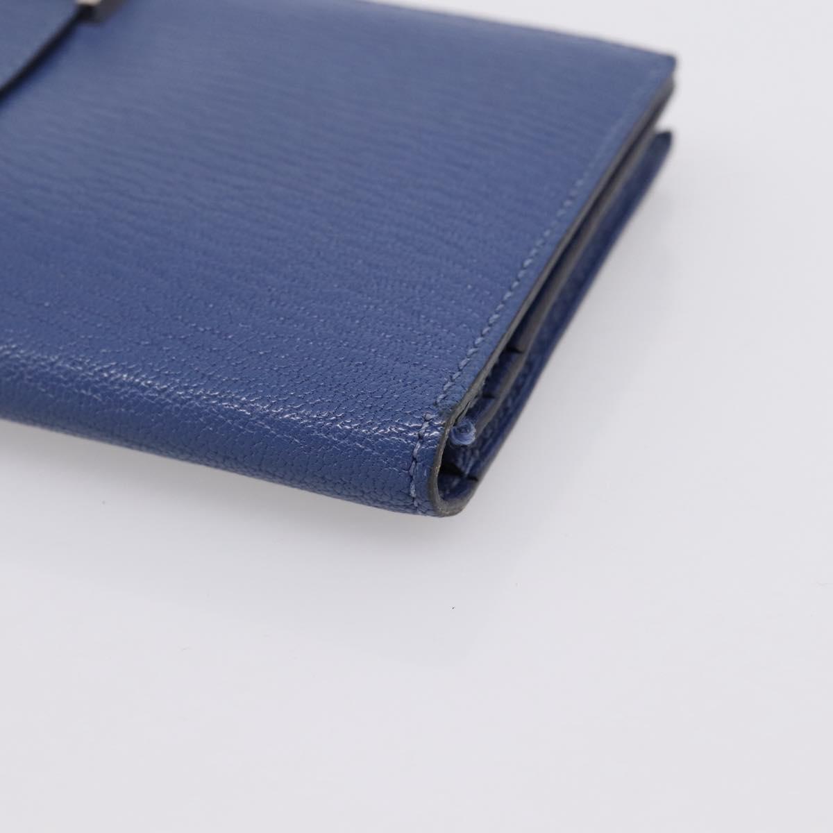 HERMES Bearn Soufflet Wallet Leather Blue Silver Auth 198789V
