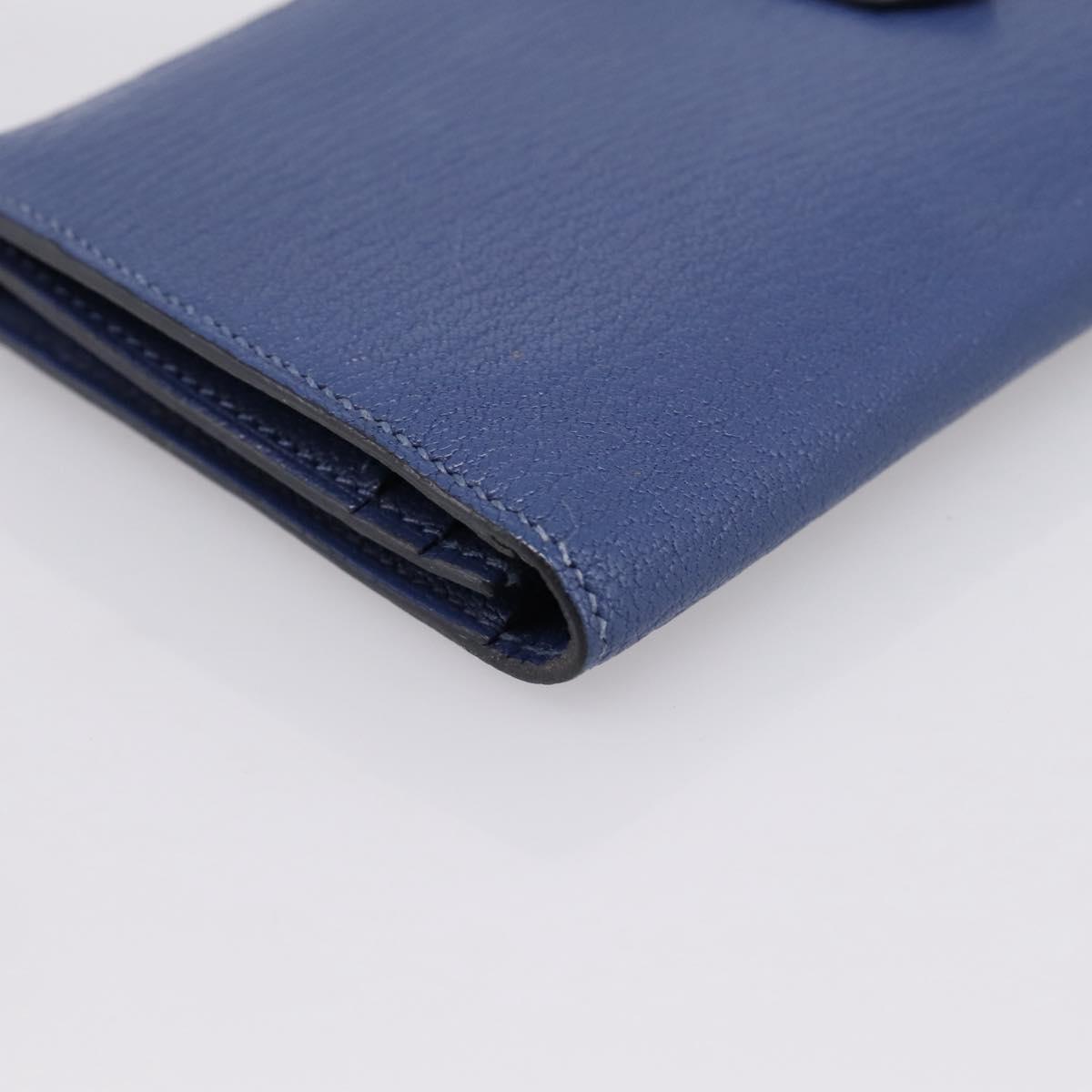 HERMES Bearn Soufflet Wallet Leather Blue Silver Auth 198789V