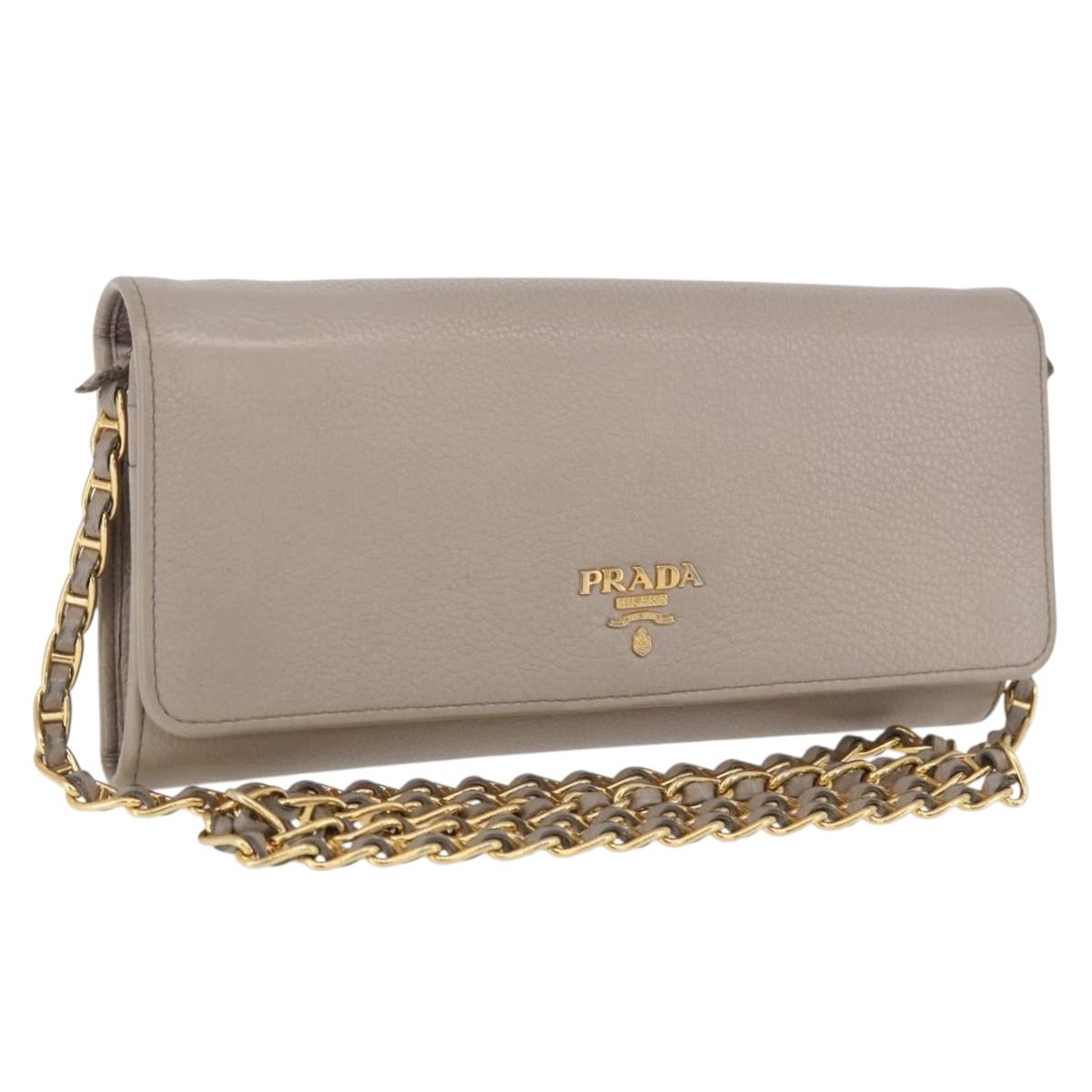 PRADA Chain Shoulder Long Wallet Vittero Dino Leather Gray Gold Auth 198791A