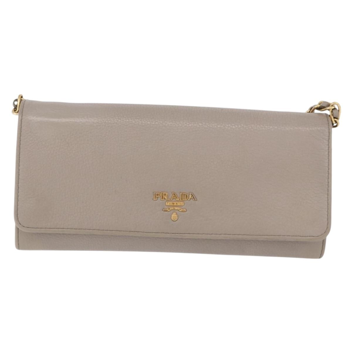 PRADA Chain Shoulder Long Wallet Vittero Dino Leather Gray Gold Auth 198791A