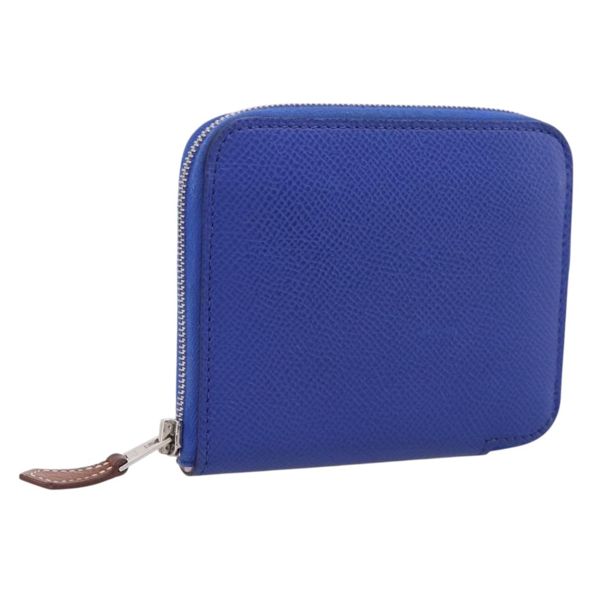 HERMES Azap Compact Silk In Wallet Leather Blue Silver Auth 198794V