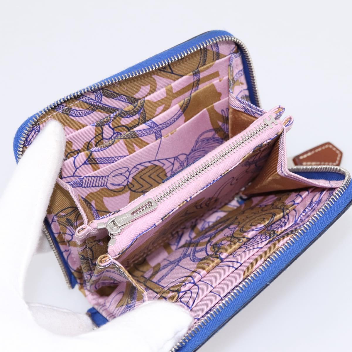 HERMES Azap Compact Silk In Wallet Leather Blue Silver Auth 198794V
