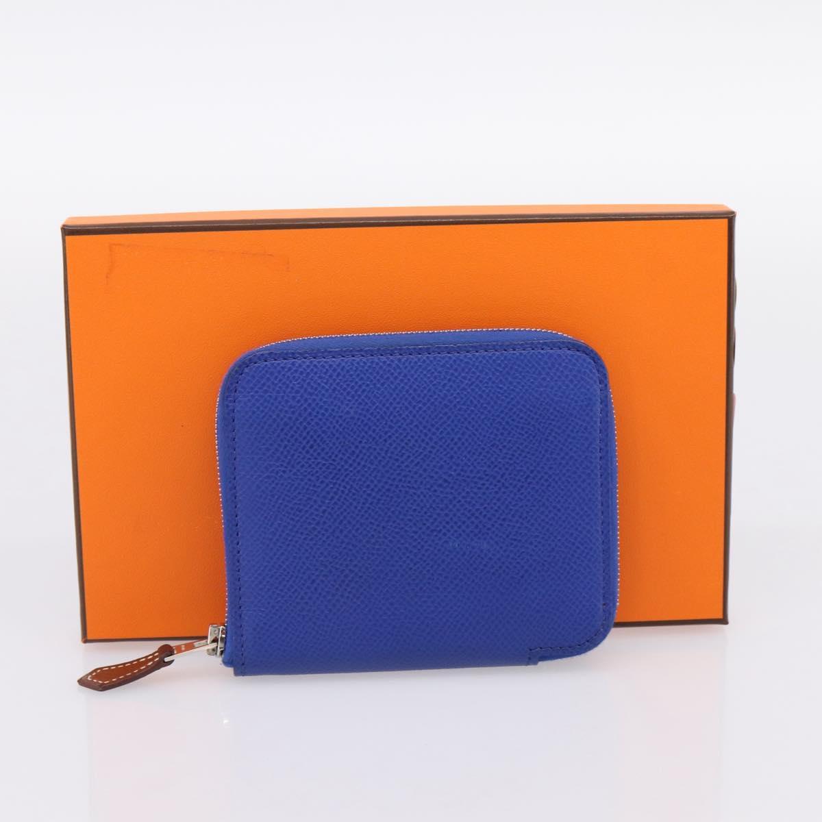 HERMES Azap Compact Silk In Wallet Leather Blue Silver Auth 198794V