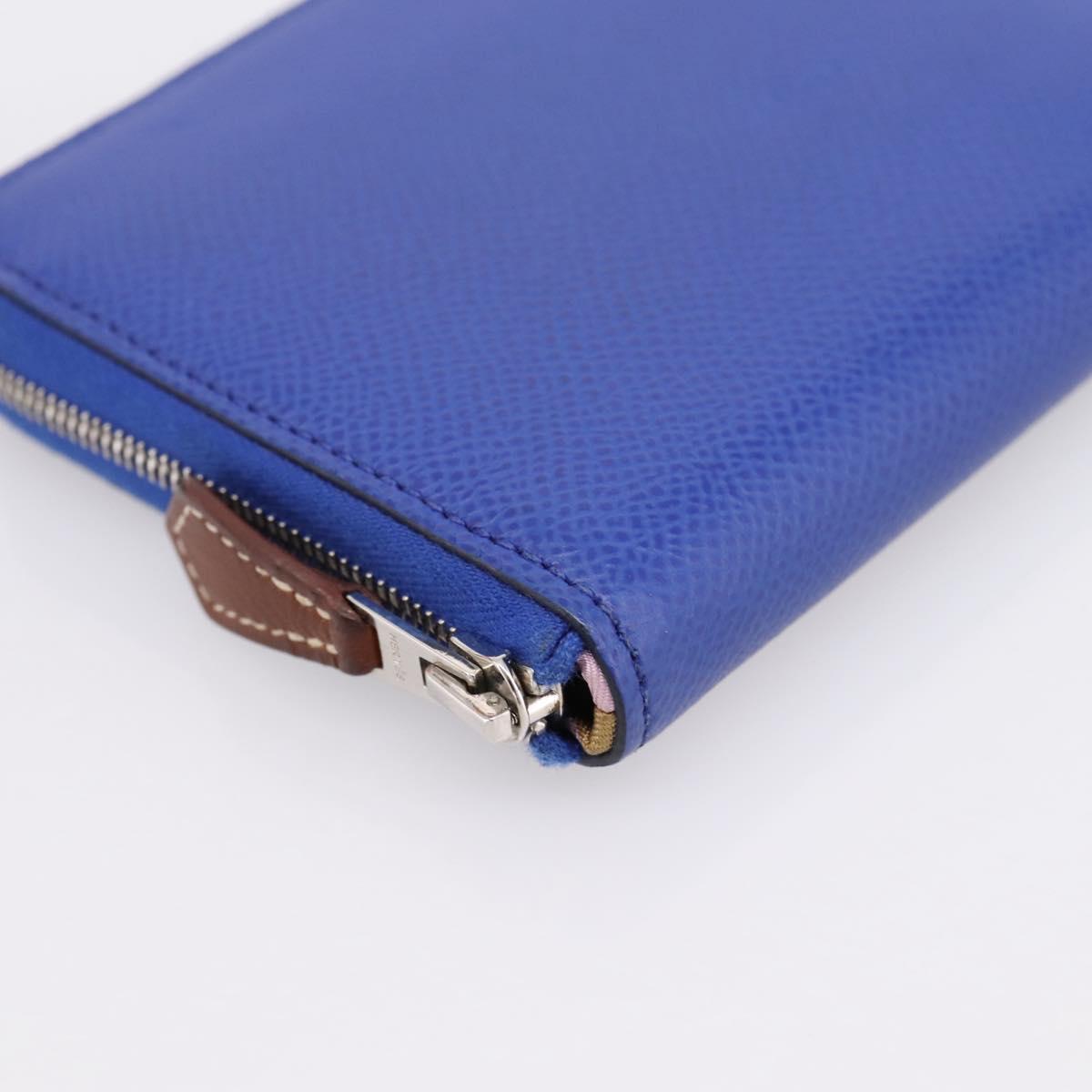 HERMES Azap Compact Silk In Wallet Leather Blue Silver Auth 198794V
