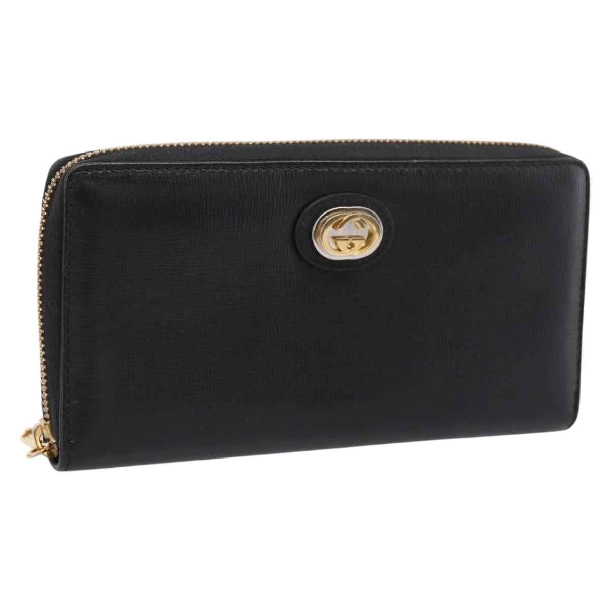 GUCCI Interlocking G Long Wallet Leather Black Gold Auth 198800V