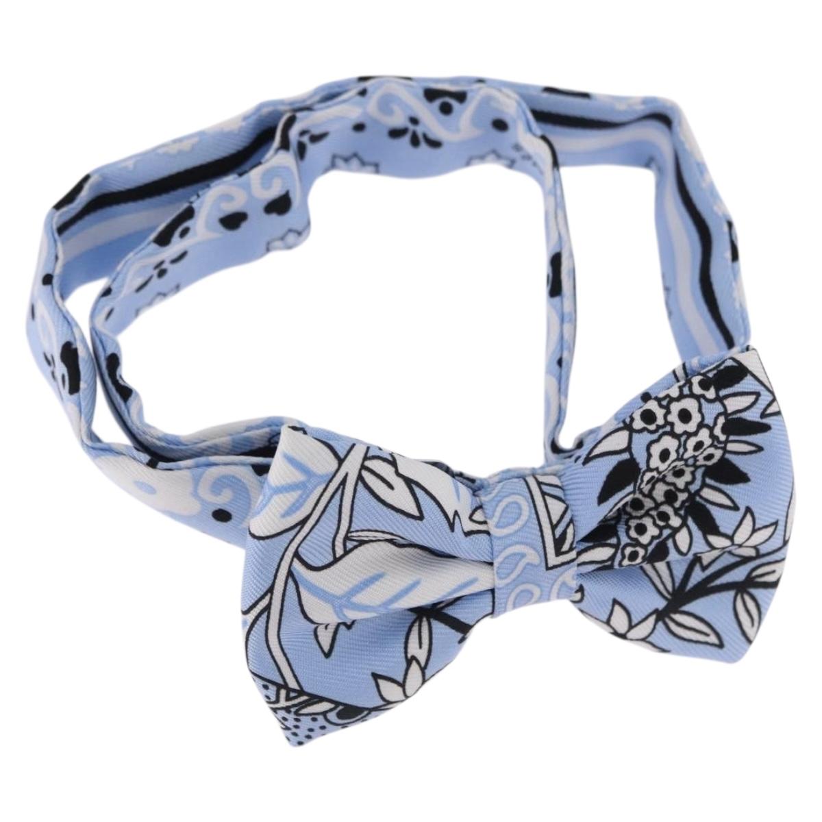 HERMES Ribbon Tie Silk Light Blue Silver Auth 198802M