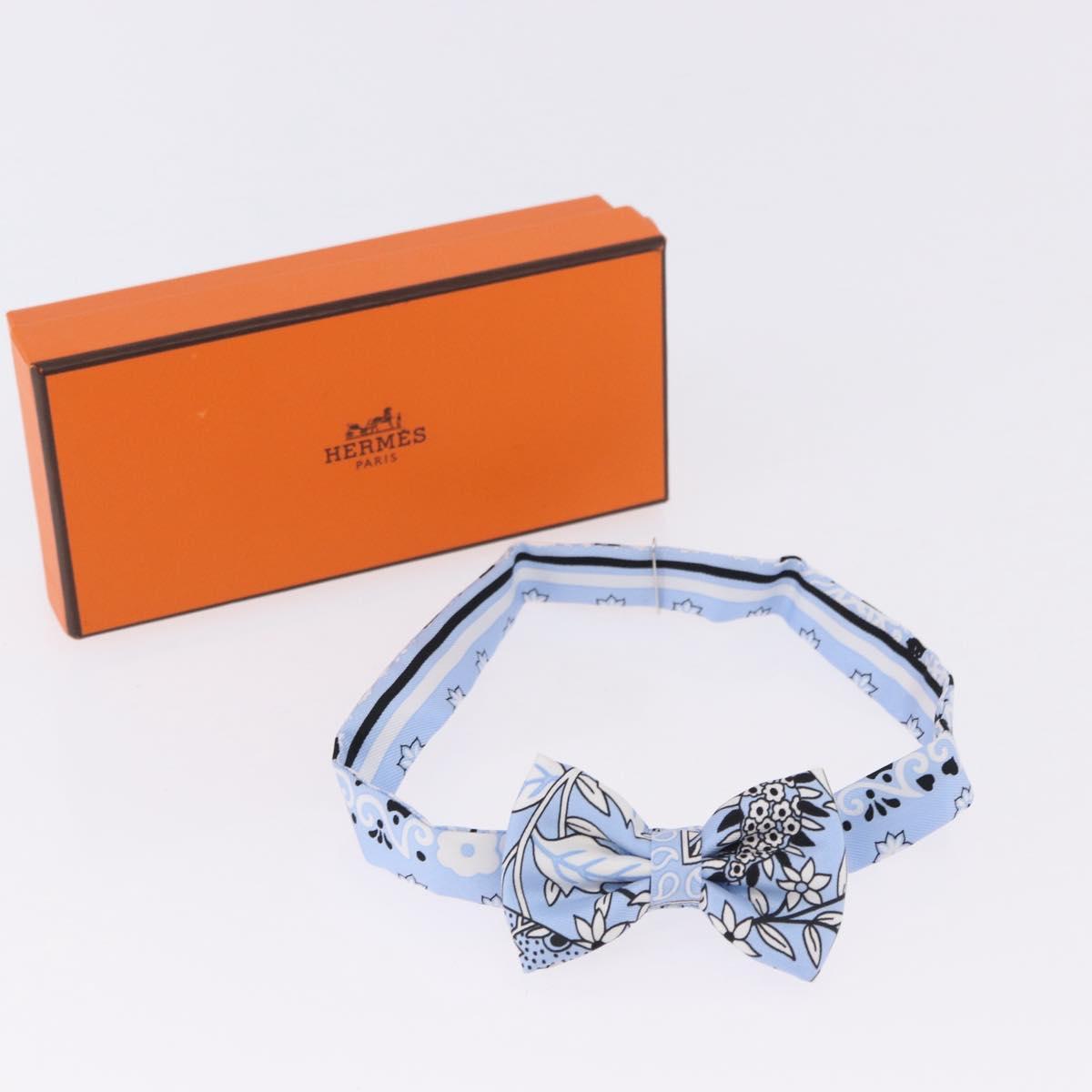 HERMES Ribbon Tie Silk Light Blue Silver Auth 198802M