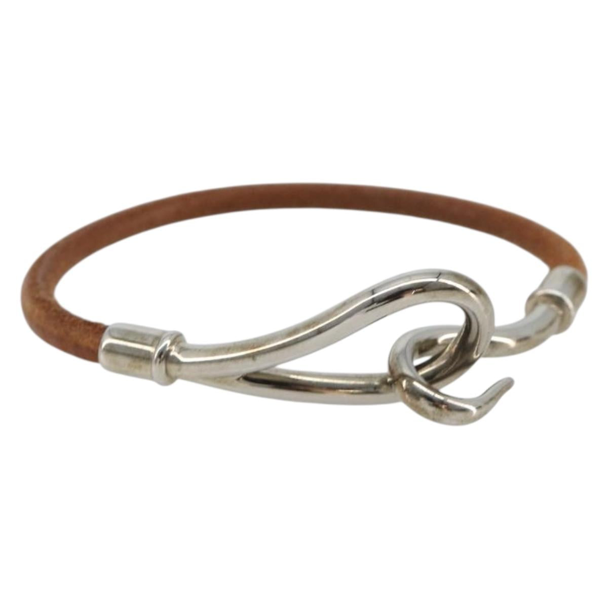 HERMES jumbo Bracelet Leather Metal Brown Silver Auth 198807A
