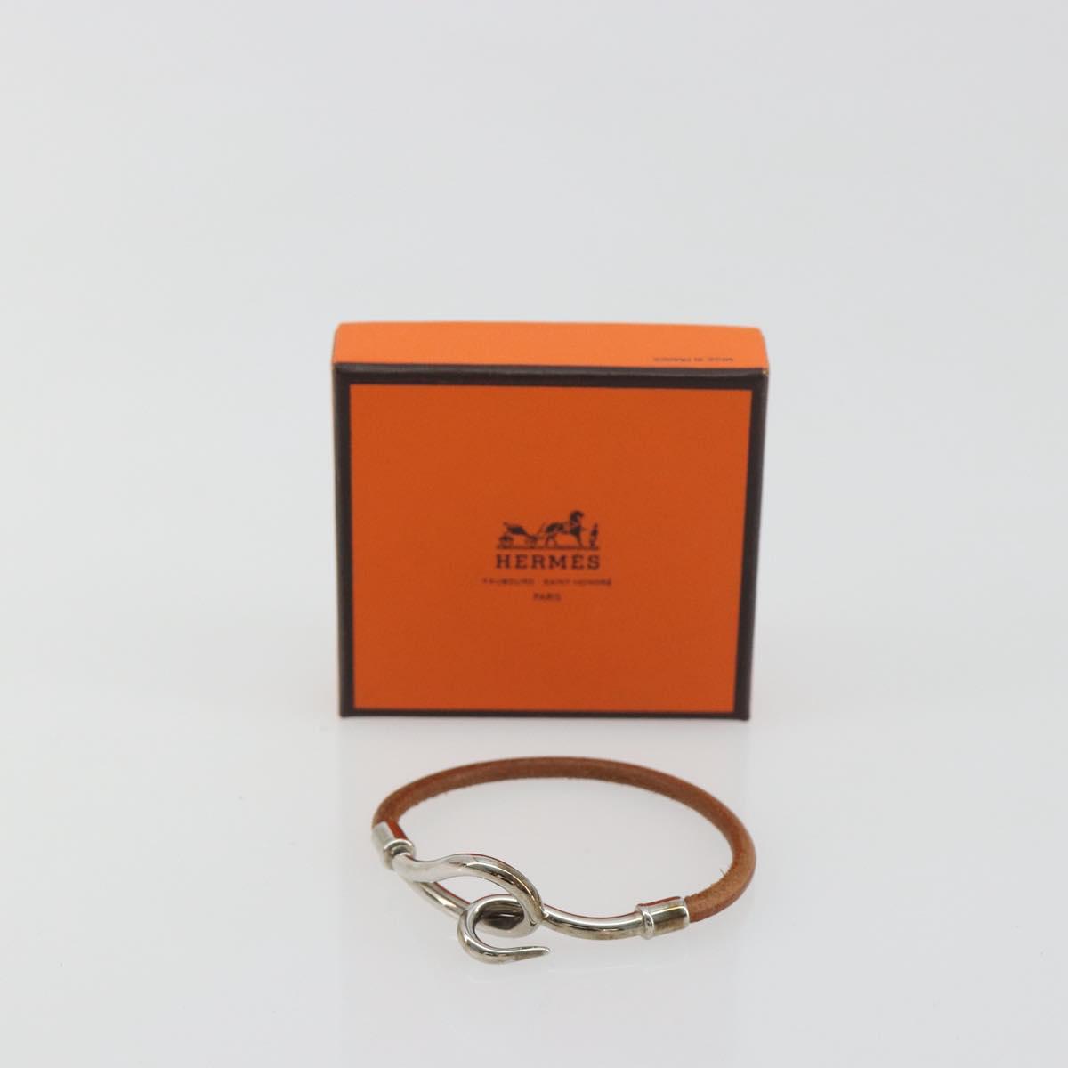 HERMES jumbo Bracelet Leather Metal Brown Silver Auth 198807A