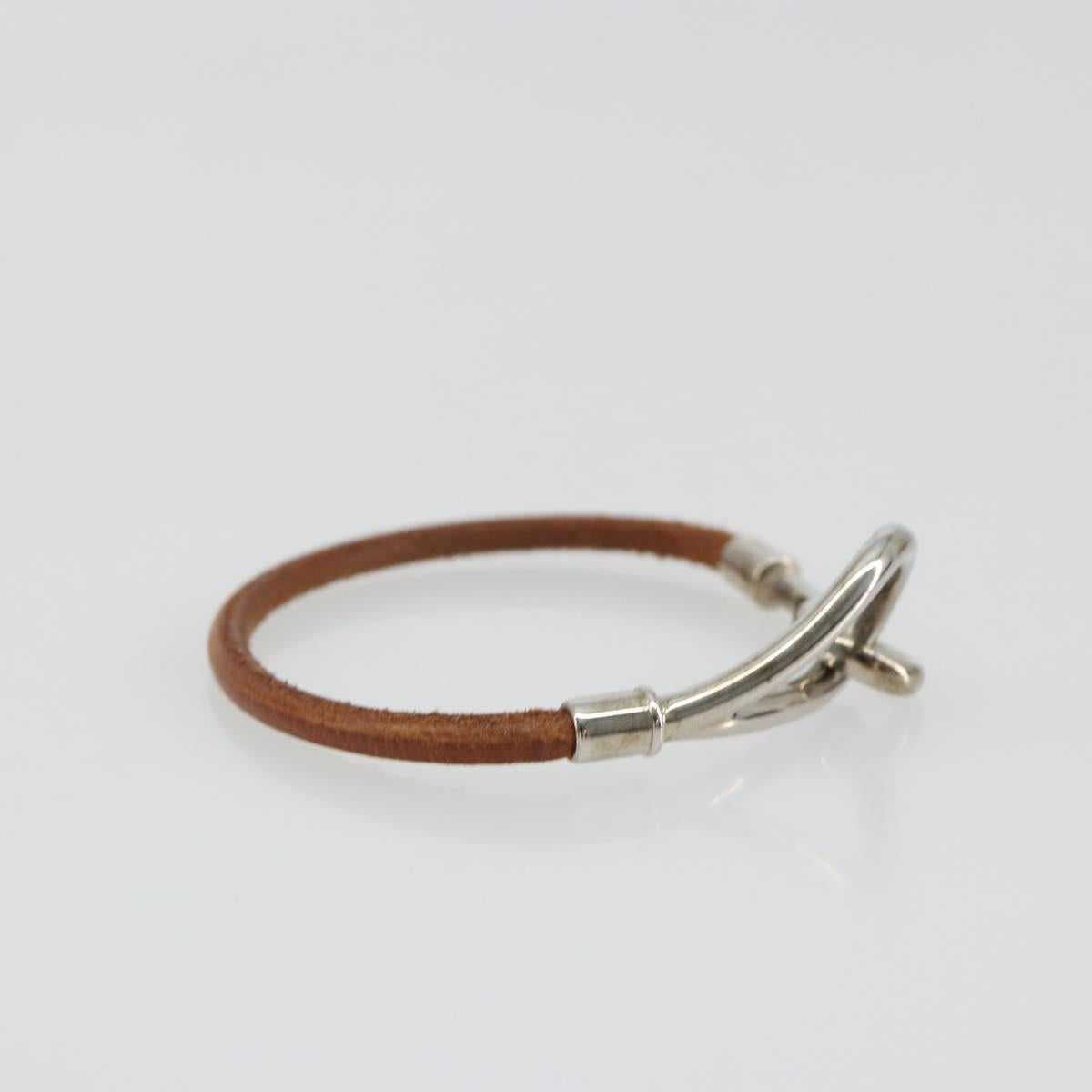 HERMES jumbo Bracelet Leather Metal Brown Silver Auth 198807A