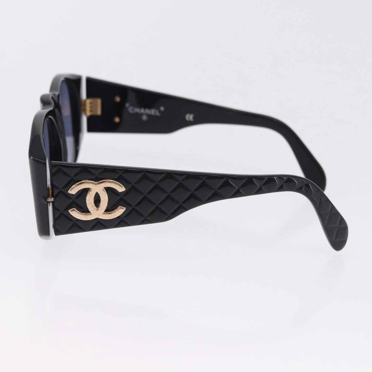 CHANEL COCO Mark Matelasse Sunglasses Plastic Black Gold CC Auth 198824