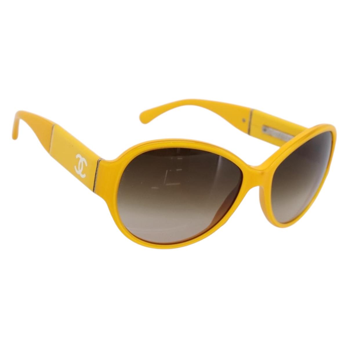 CHANEL COCO Mark Sunglasses Plastic Yellow Silver CC Auth 198826A