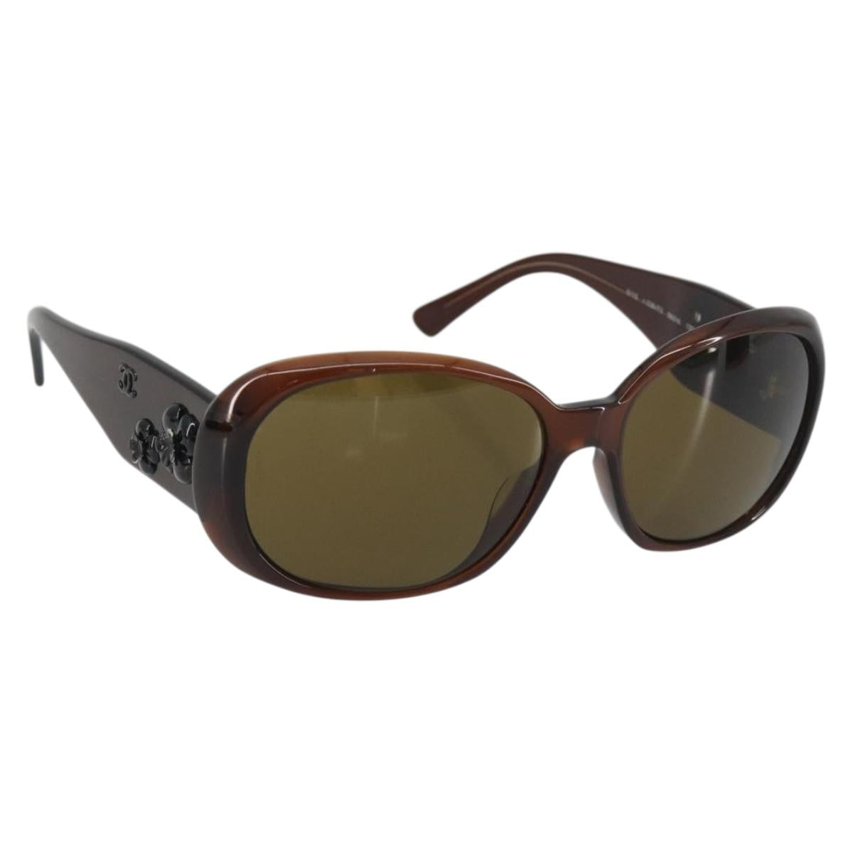 CHANEL Camelia Sunglasses Plastic Brown CC Auth 198827