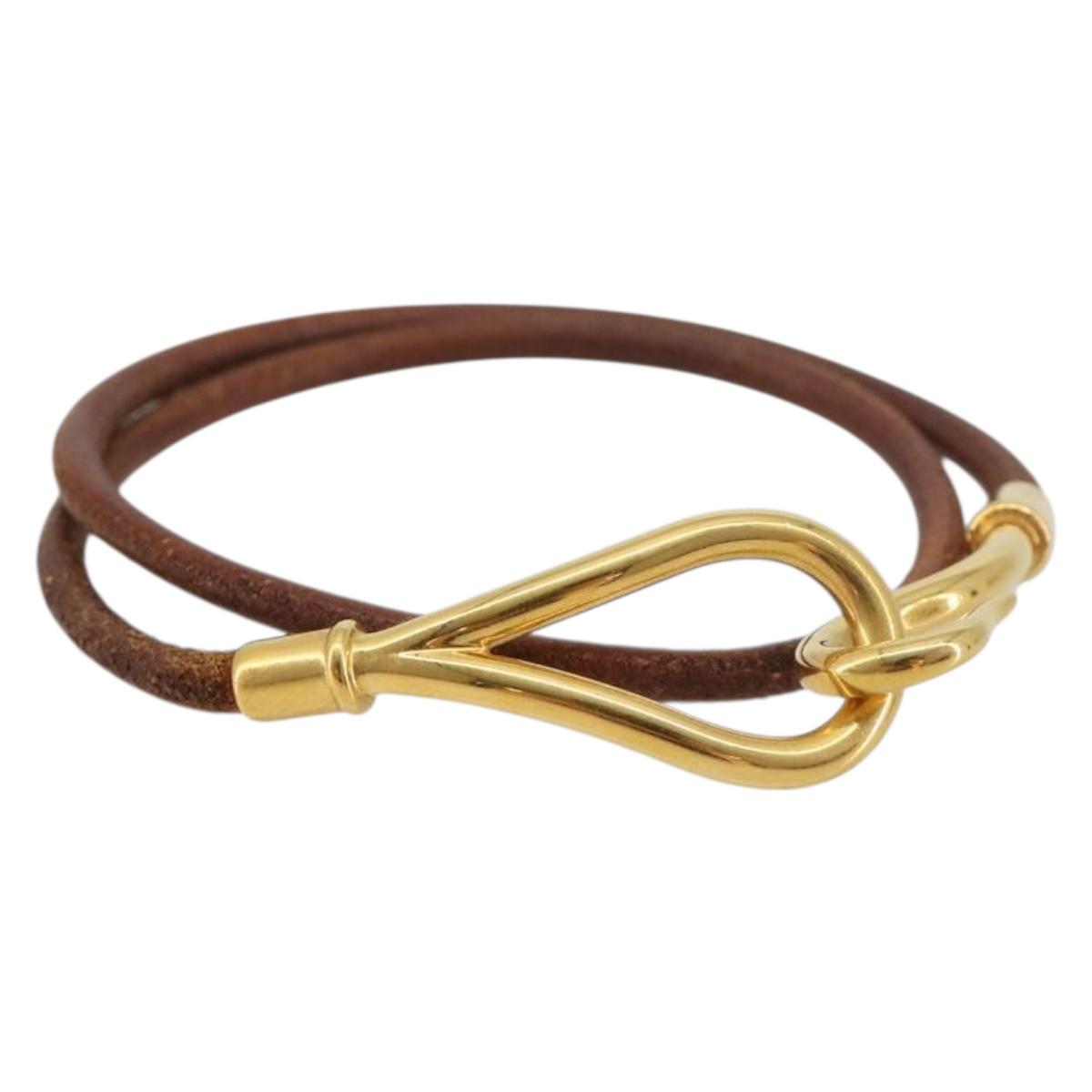 HERMES Jumbo Choker Bracelet Leather Metal Brown Gold Tone Auth 198837A