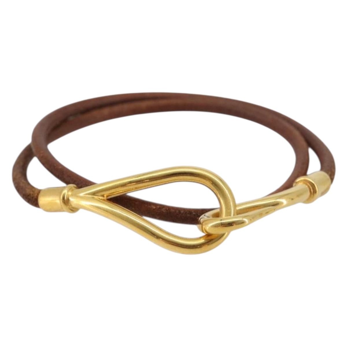 HERMES Jumbo Choker Bracelet Leather Metal Brown Gold Tone Auth 198837A