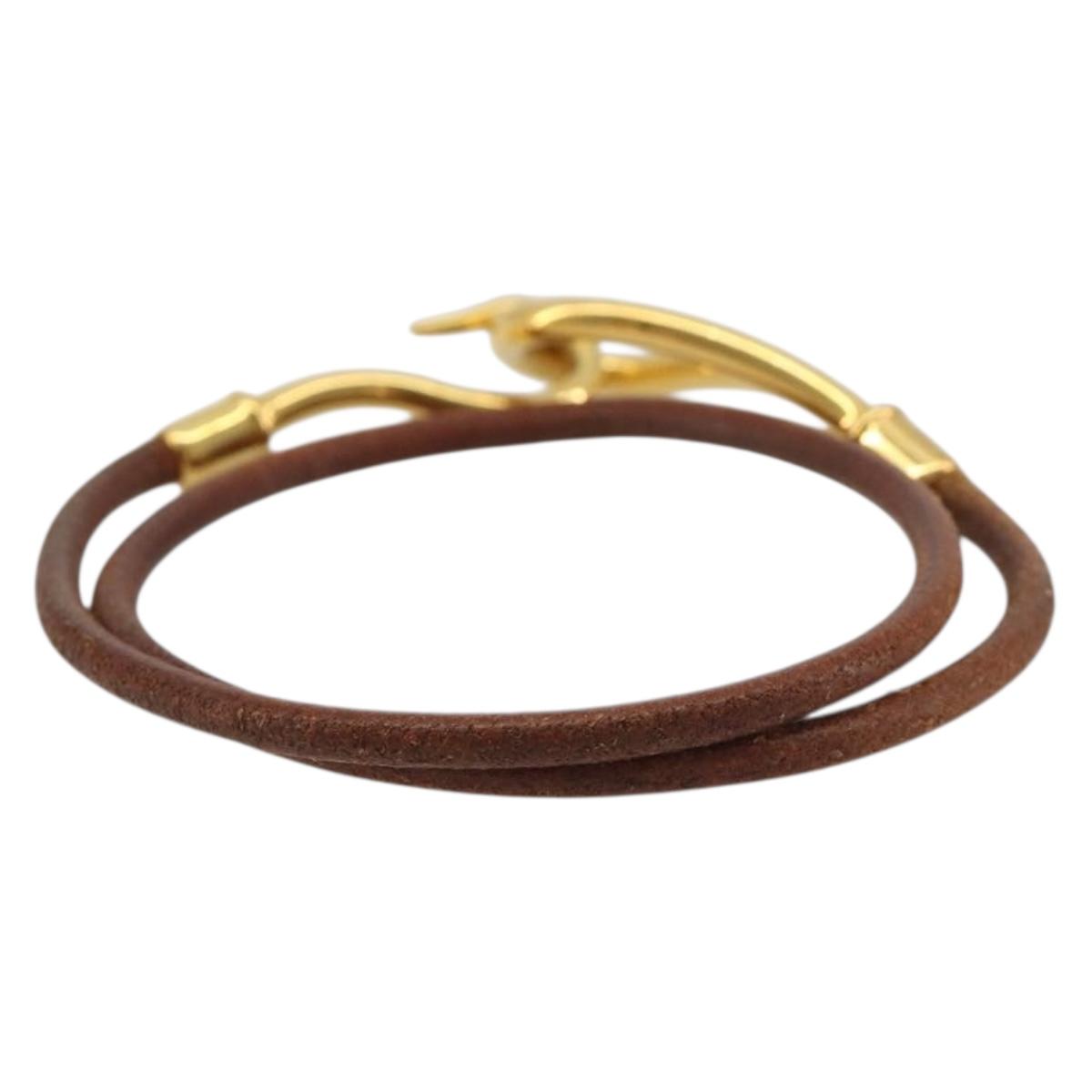HERMES Jumbo Choker Bracelet Leather Metal Brown Gold Tone Auth 198837A