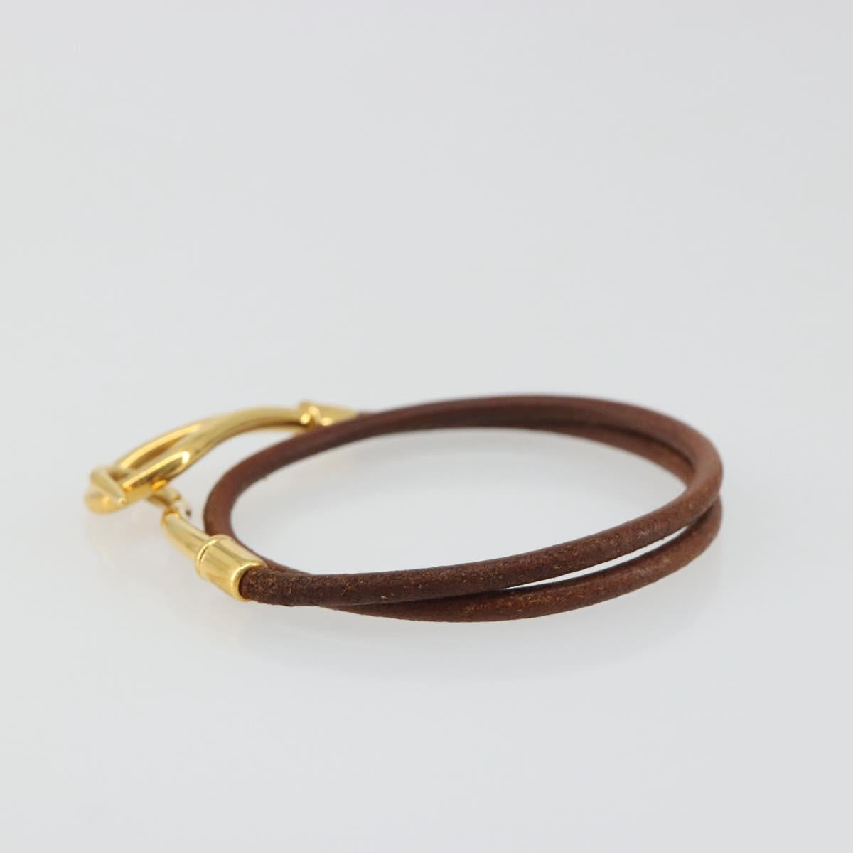 HERMES Jumbo Choker Bracelet Leather Metal Brown Gold Tone Auth 198837A