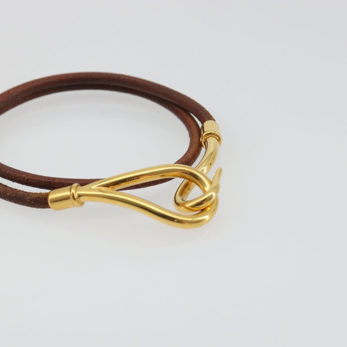HERMES Jumbo Choker Bracelet Leather Metal Brown Gold Tone Auth 198837A