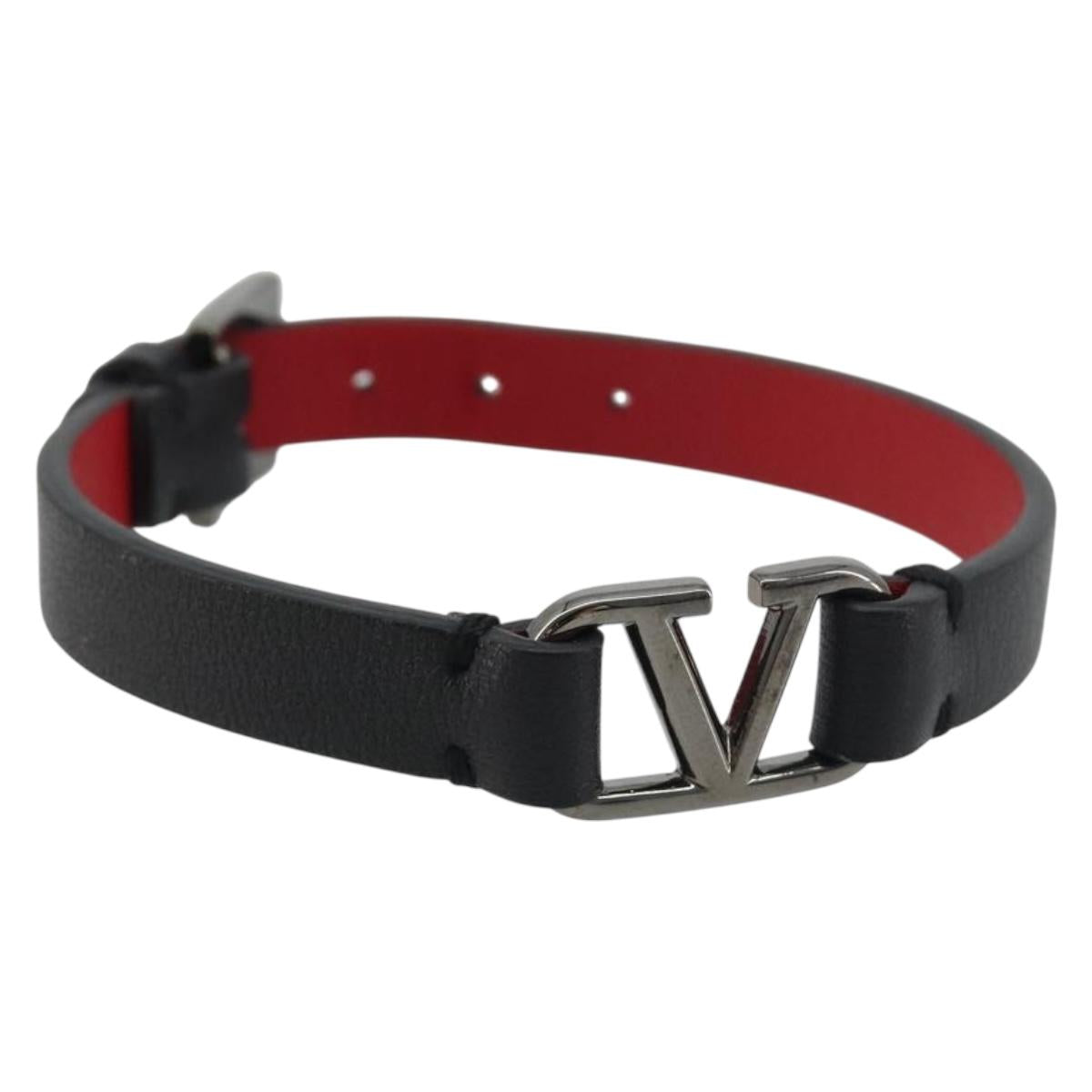VALENTINO Bracelet Leather Black Silver Auth 198840A