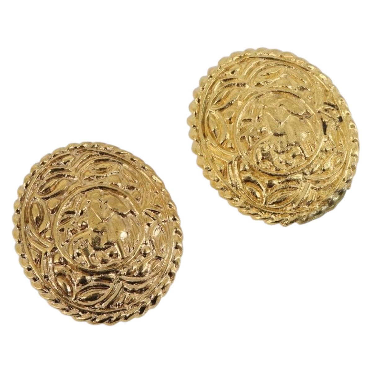 CHANEL Knight Earring Metal Gold Tone CC Auth 198847