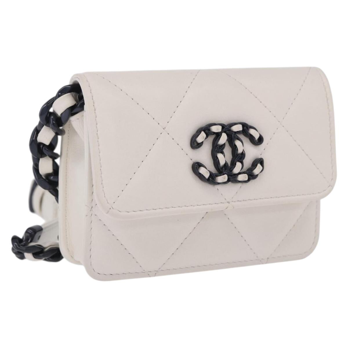 CHANEL chanel 19 Chain Wallet Lamb Skin White Silver CC Auth 198864M