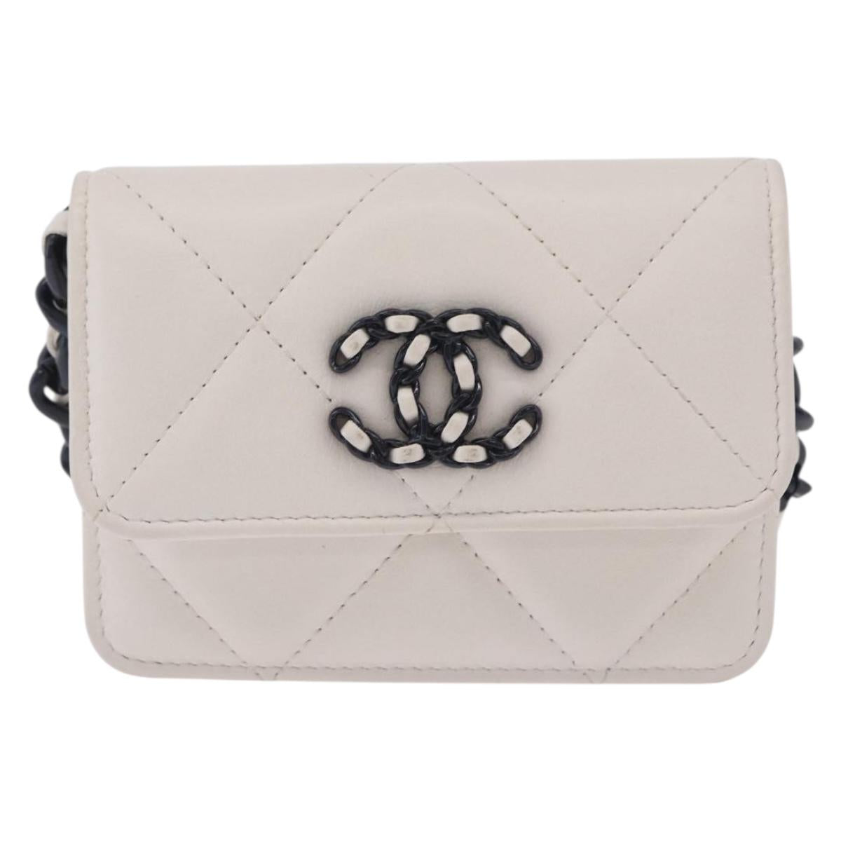 CHANEL chanel 19 Chain Wallet Lamb Skin White Silver CC Auth 198864M