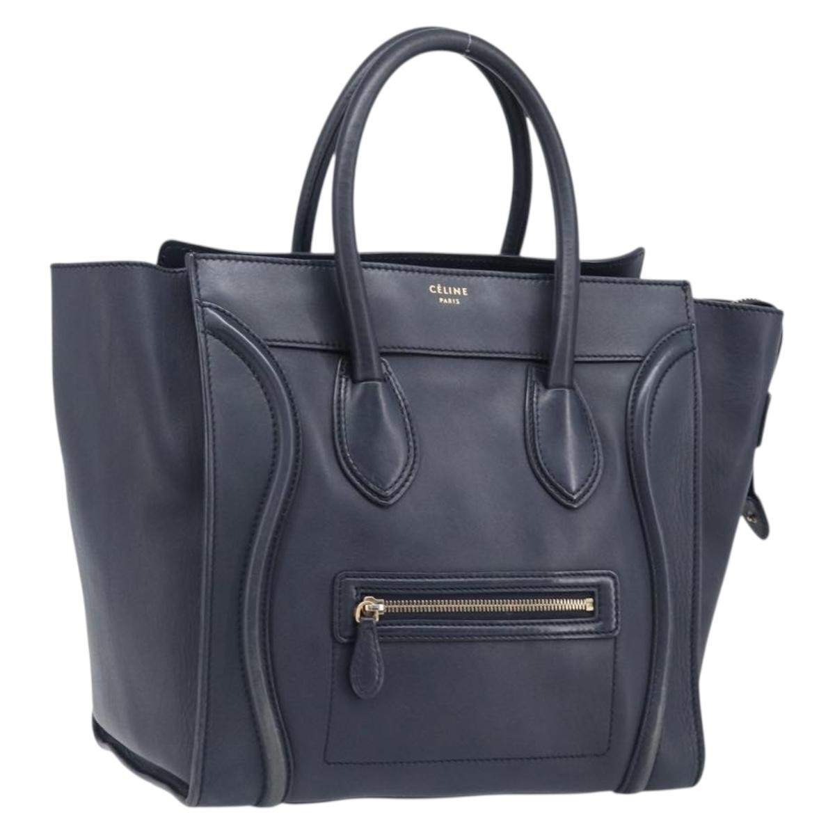 CELINE Luggage Mini Shopper Hand Bag Leather Navy Gold Auth 198865A