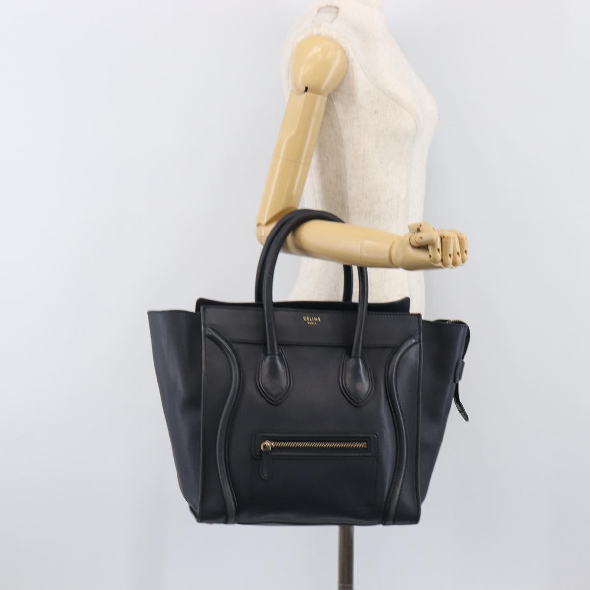 CELINE Luggage Mini Shopper Hand Bag Leather Navy Gold Auth 198865A