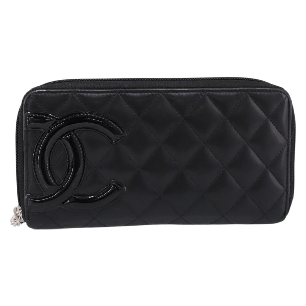 CHANEL Matelasse Cambon Line Long Wallet Leather Black Silver CC Auth 198869A