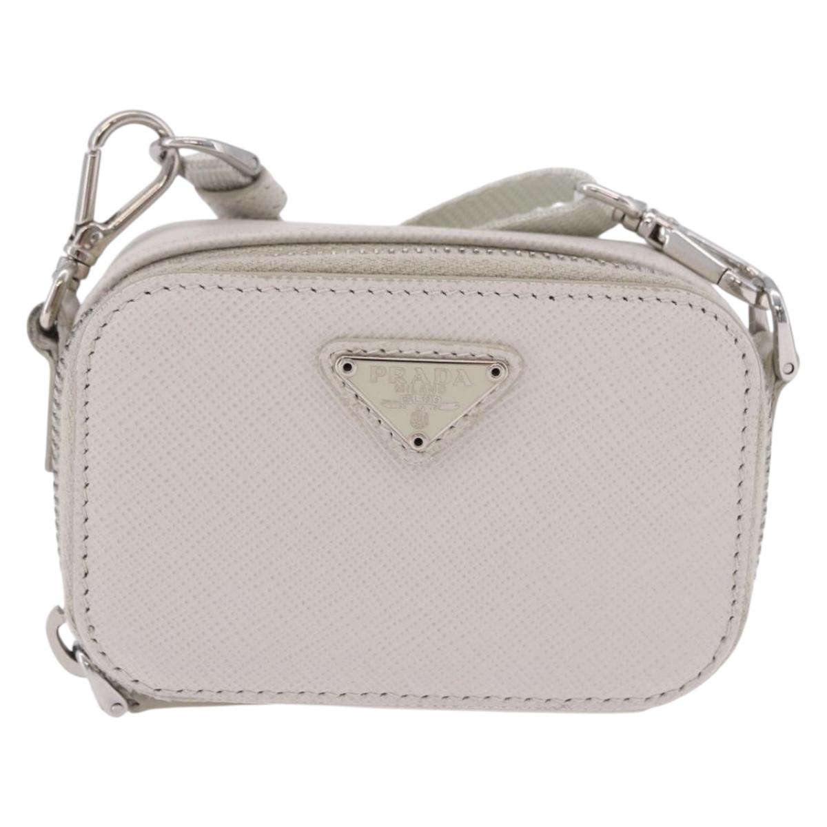 PRADA Shoulder Pouch Saffiano Ivory Silver Auth 198874V
