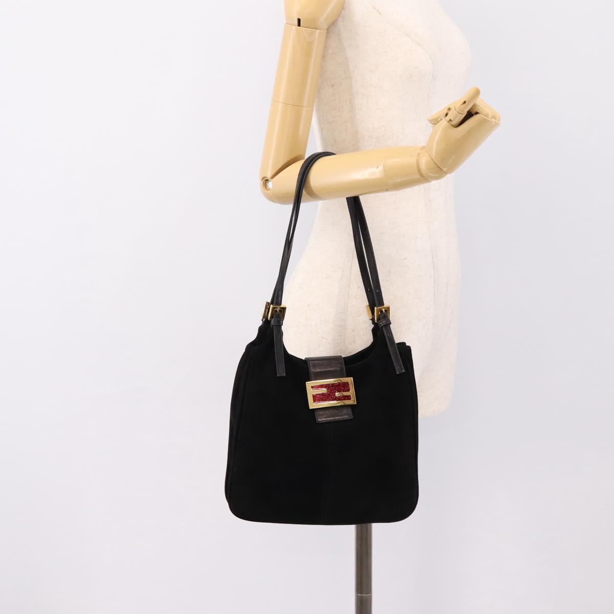 FENDI Mamma Baguette Tote Bag Suede Black Gold Tone Auth 198883A