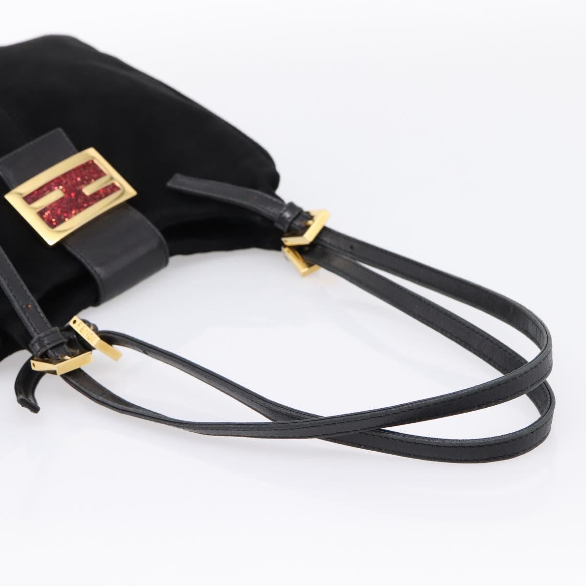 FENDI Mamma Baguette Tote Bag Suede Black Gold Tone Auth 198883A