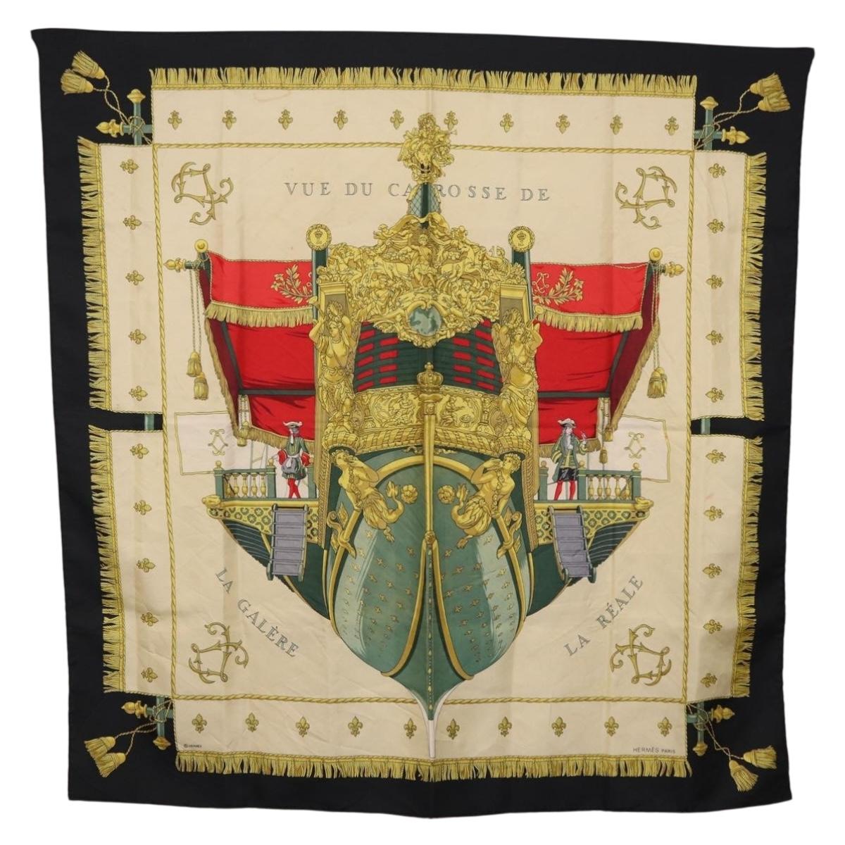 HERMES Carre 90 Scarf Silk Beige Black Auth 198892