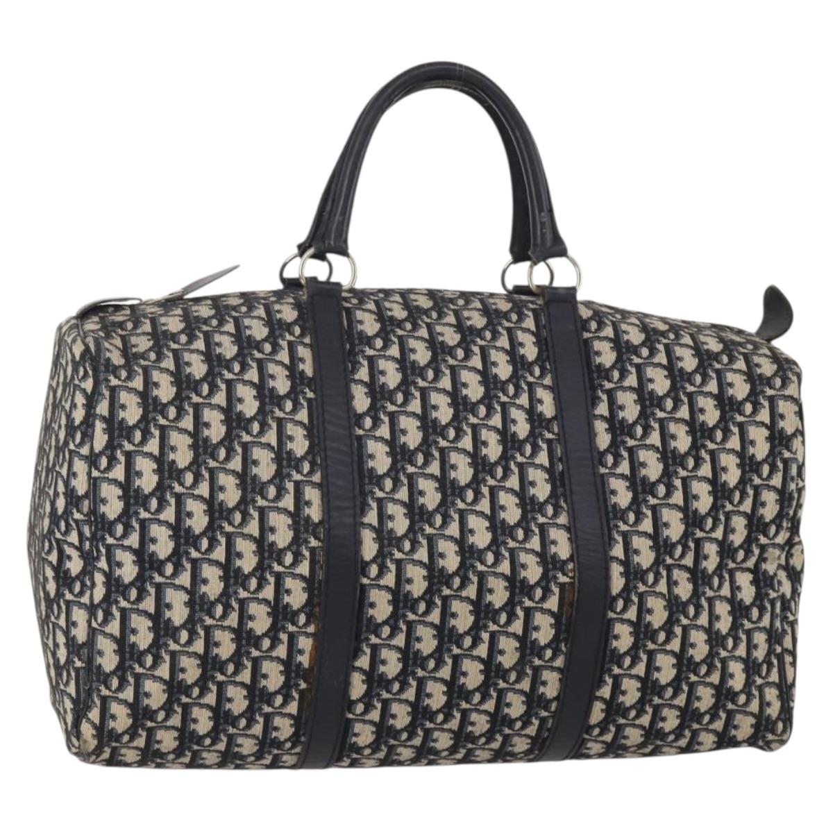 Christian Dior Trotter Canvas Boston Bag Navy Silver Auth 198893