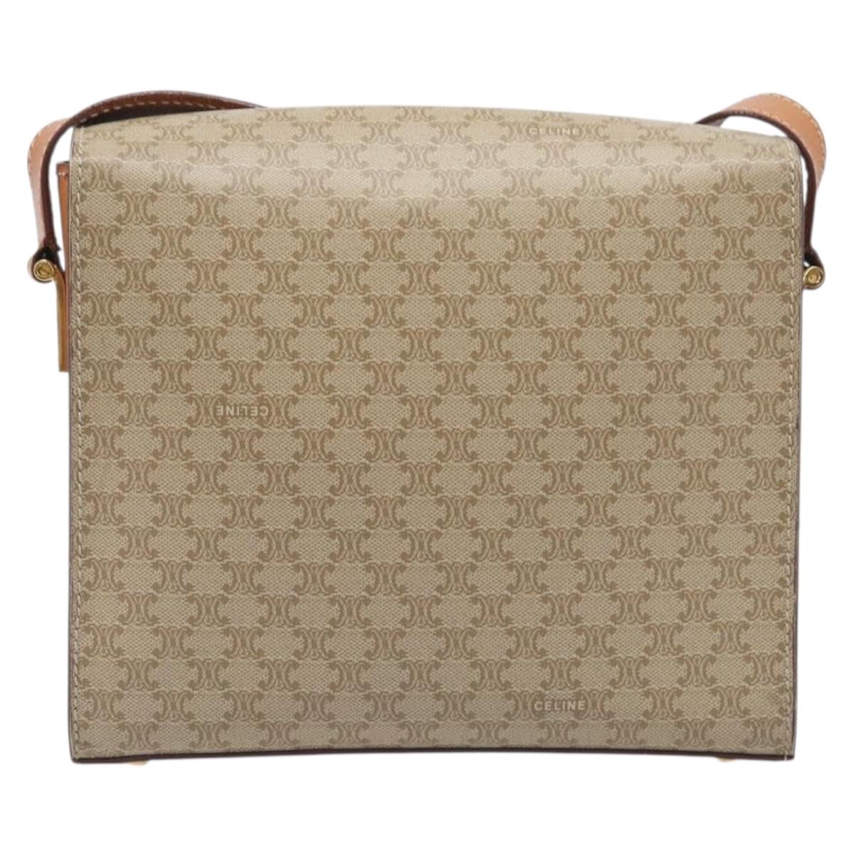 CELINE Macadam Shoulder Bag PVC Leather Beige Gold Tone Auth 198924