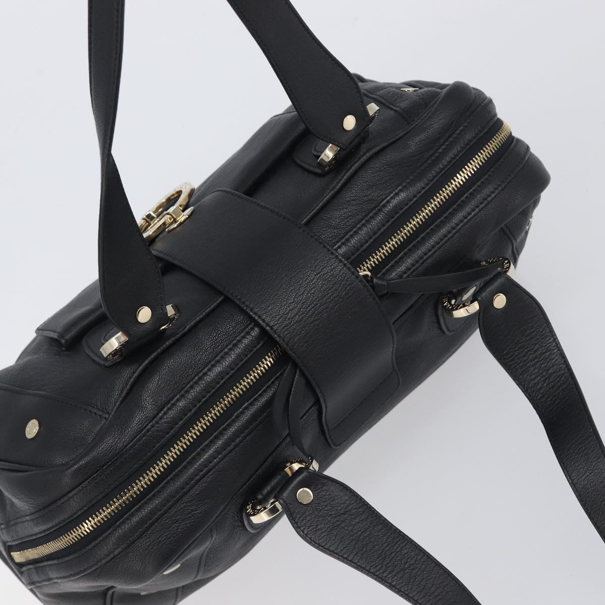 BVLGARI Hand Bag Leather Black Gold Tone Auth 198930A