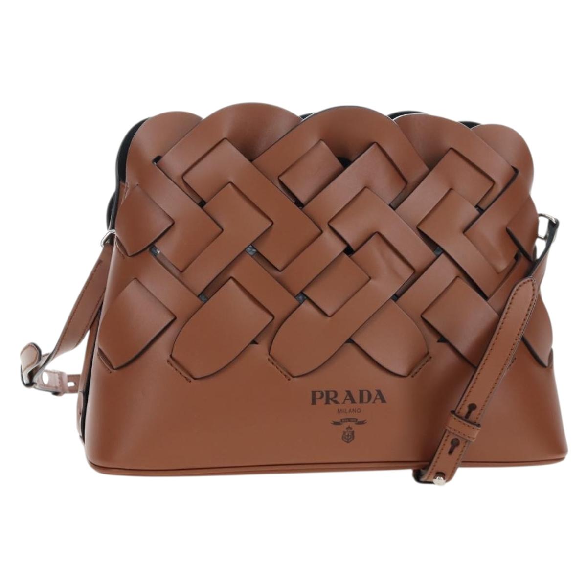 PRADA Vitello Intrecciato Shoulder Bag Leather Brown Silver Auth 198942M