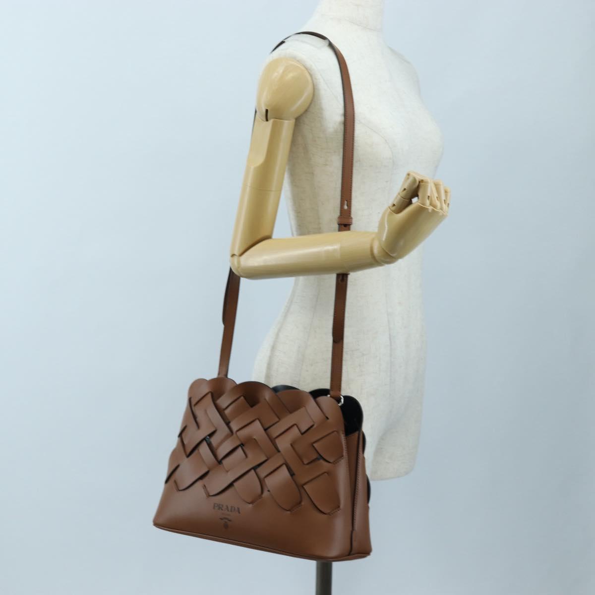 PRADA Vitello Intrecciato Shoulder Bag Leather Brown Silver Auth 198942M