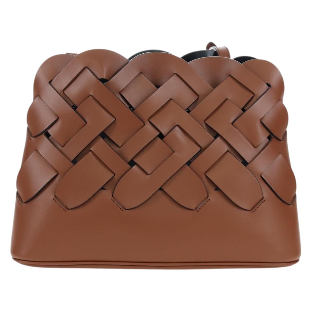 PRADA Vitello Intrecciato Shoulder Bag Leather Brown Silver Auth 198942M