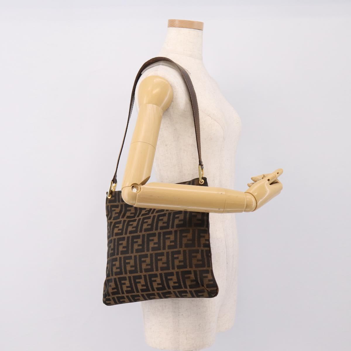 FENDI Zucca Canvas Shoulder Bag Brown Gold Tone Auth 199011