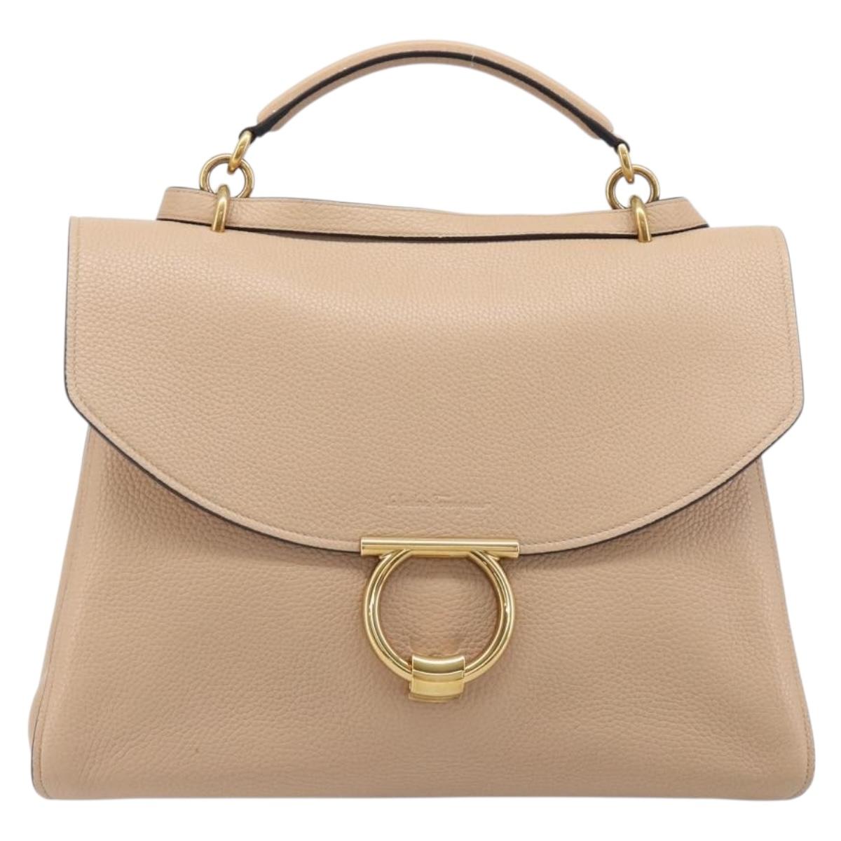 Salvatore Ferragamo Gancini Hand Bag Leather 2way Beige Gold Auth 199034A